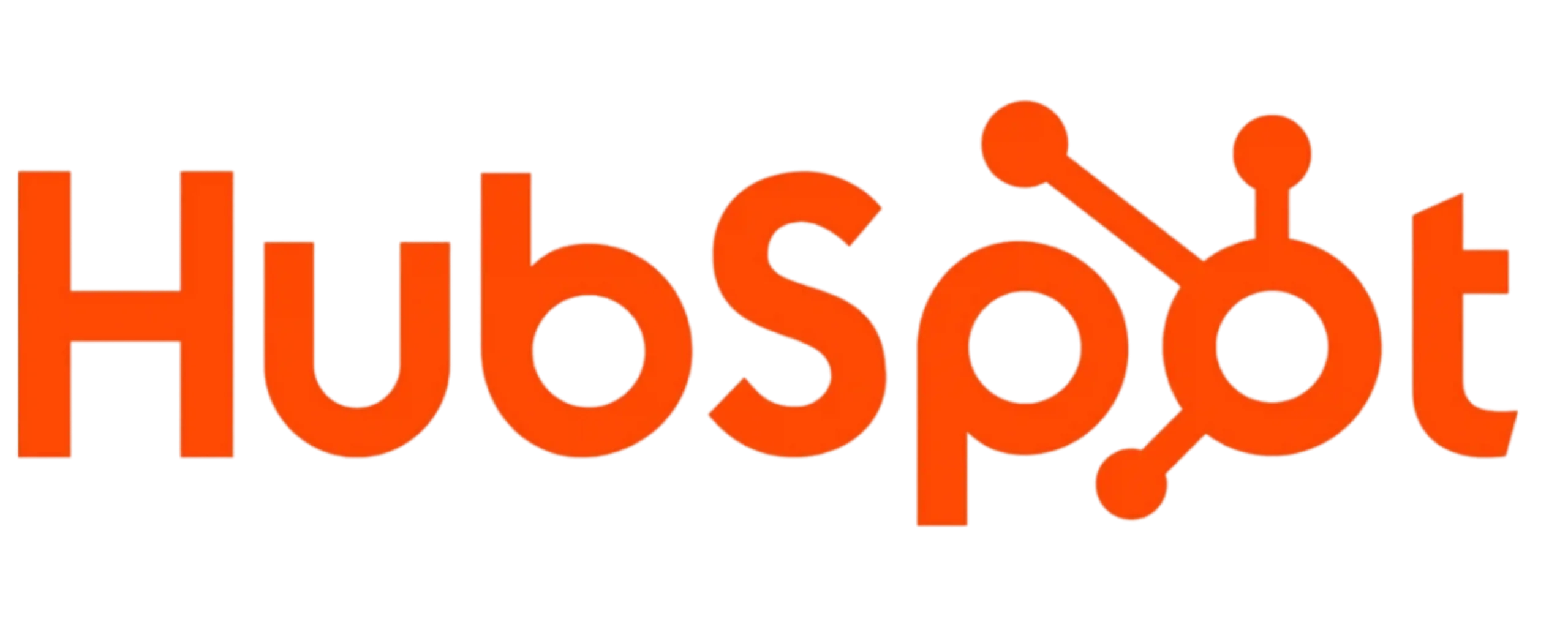 The image shows the orange HubSpot logo with the word HubSpot in a modern font. The letter o is stylized with three lines and circles, resembling a network or connection diagram.