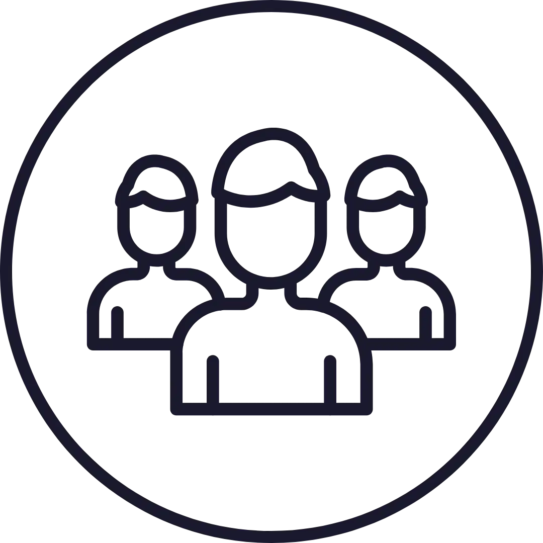 Agency That Does Not Know You. Icon of three people outlined in black, with one person in front and two slightly behind on either side—symbolizing a digital marketing consultant—enclosed in a black circular border on a transparent background.