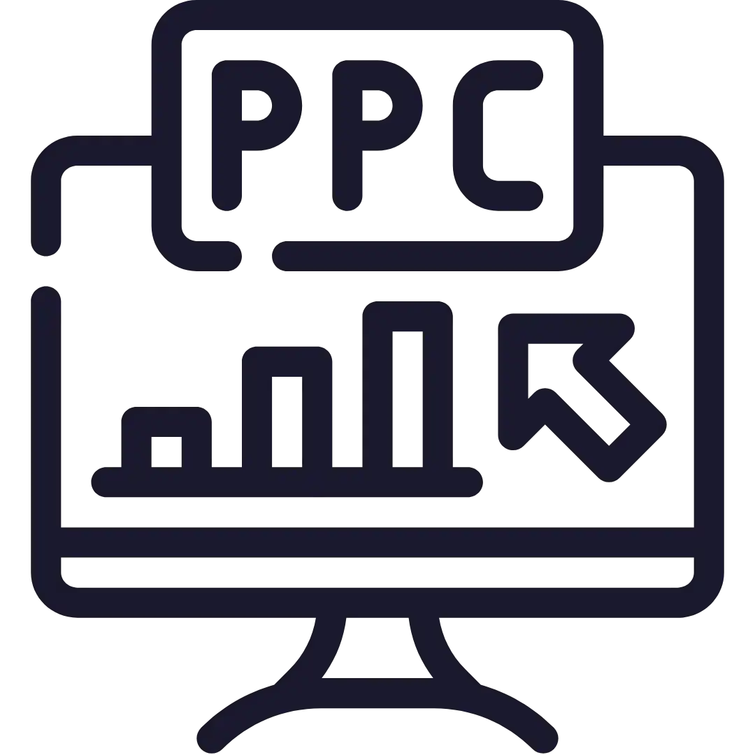 Broad Match Eating Your Budget. Icon of a computer monitor displaying PPC, a bar chart, and an upward arrow—symbolizing pay-per-click advertising and digital marketing analytics for a Freelance Marketing Consultant or white label service.