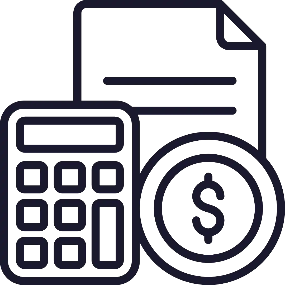 Budget Spent, No Leads. Outline icon of a calculator, a coin with a dollar sign, and a document, representing financial calculations or accounting for a freelance marketing consultant or digital marketing consultant.