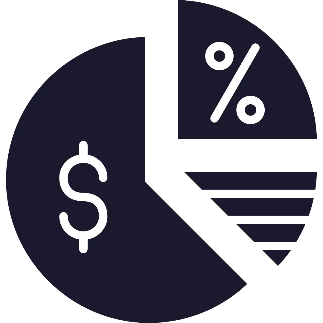 CAC Is Eating the Margin. A dark blue pie chart icon with a dollar sign on one segment and a percent symbol on another, perfect for digital marketing consultants like Noah Mohamed to visualize financial data or statistics.