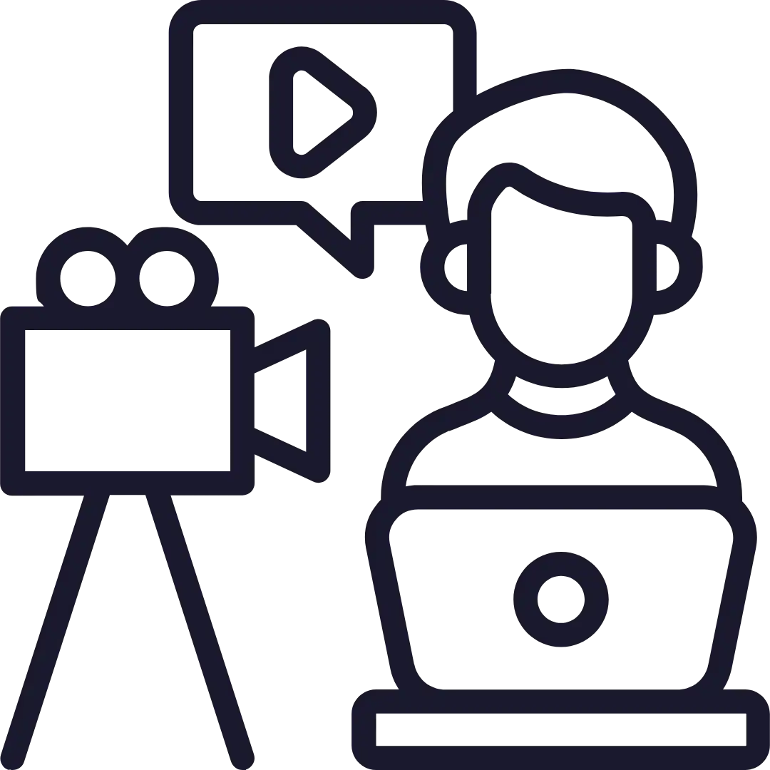 Creative Fatigue With No Testing System. Line drawing of a person using a laptop, with a video camera on a tripod and a speech bubble containing a play icon, suggesting Google Ads Freelancer or digital marketing consultant working on video creation or online streaming.