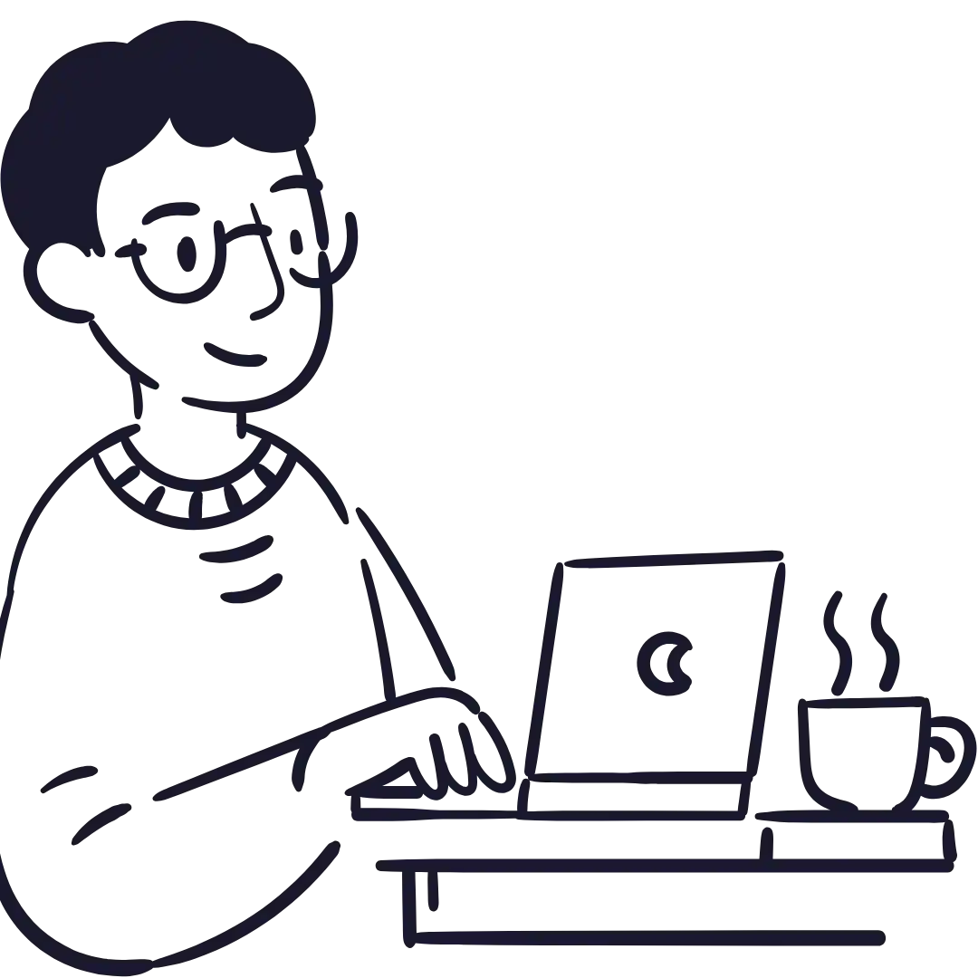 Line drawing of a person with short hair and glasses smiling while typing on a laptop, capturing the daily routine of a digital marketing freelancer. A steaming cup sits on the table next to the laptop.