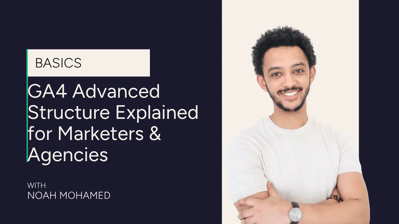 A smiling man stands with arms crossed next to text that reads: Basics: GA4 Advanced Structure Explained for Marketers & Agencies. With Noah Mohamed. Dark and light background split vertically.