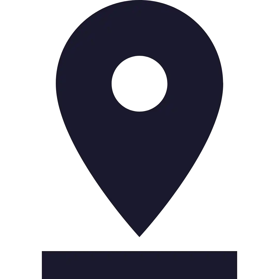 A simple, dark blue map pin icon with a circular hole in the center, positioned above a horizontal line, symbolizing a location marker—perfect for a Freelance Marketing Consultant or Google Ads Freelancer seeking standout branding.