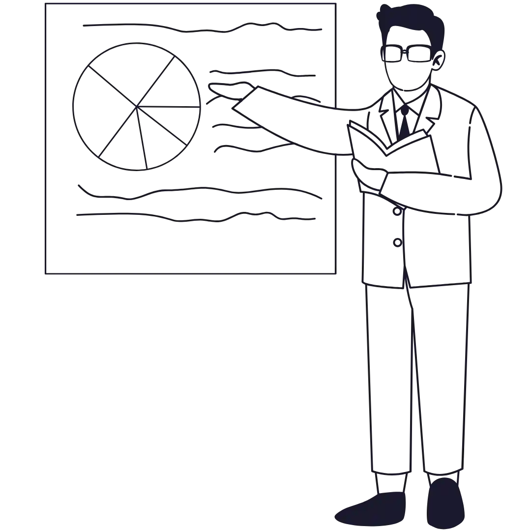 Line drawing of a digital marketing consultant standing and pointing at a pie chart on a board, with wavy lines for data—appearing to give a presentation or explanation, much like Noah Mohamed or another digital marketing freelancer.
