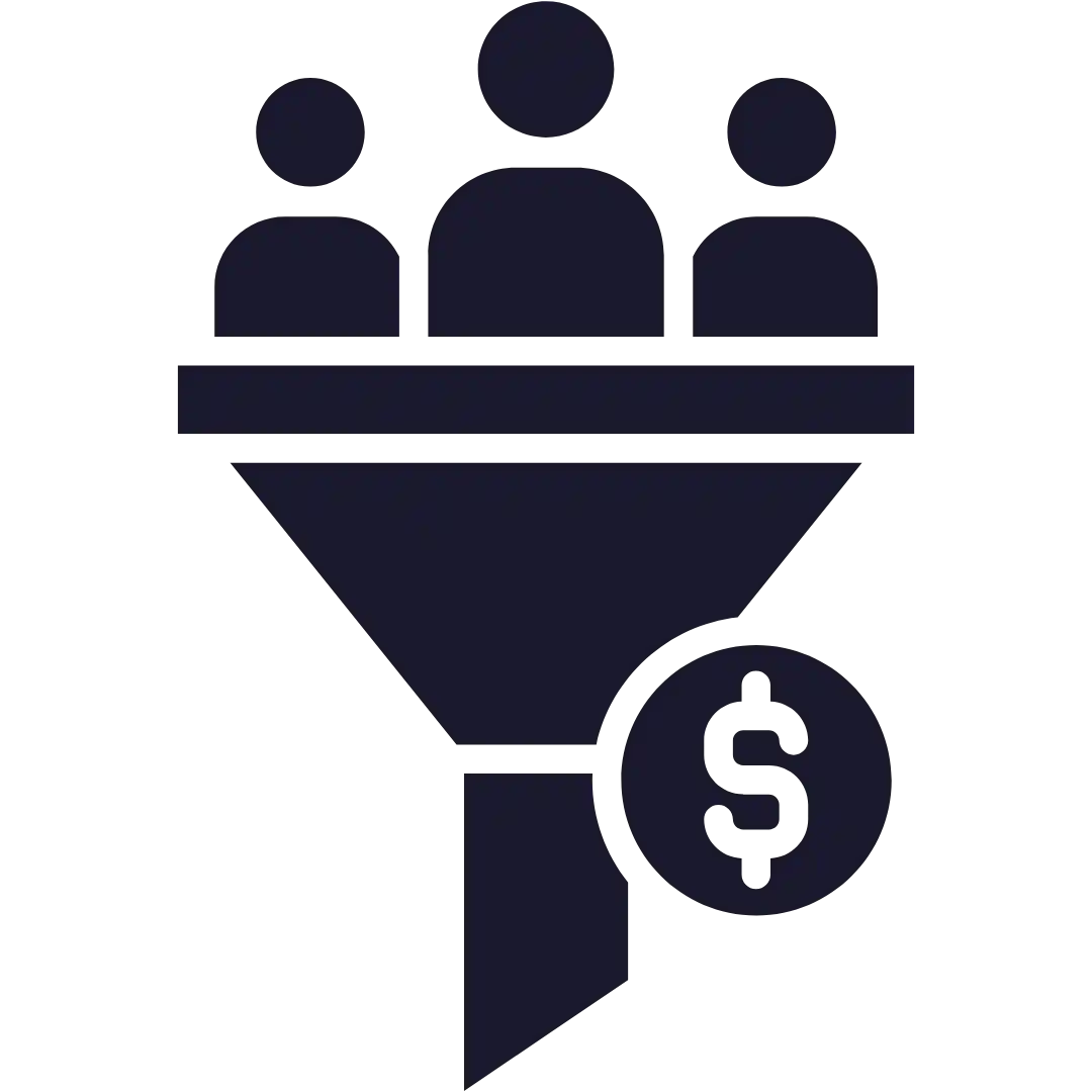 A dark icon showing three people figures entering a funnel, with a dollar sign at the exit, symbolizing leads being converted into sales—a perfect fit for a Google Ads Freelancer or white label service by Noah Mohamed.