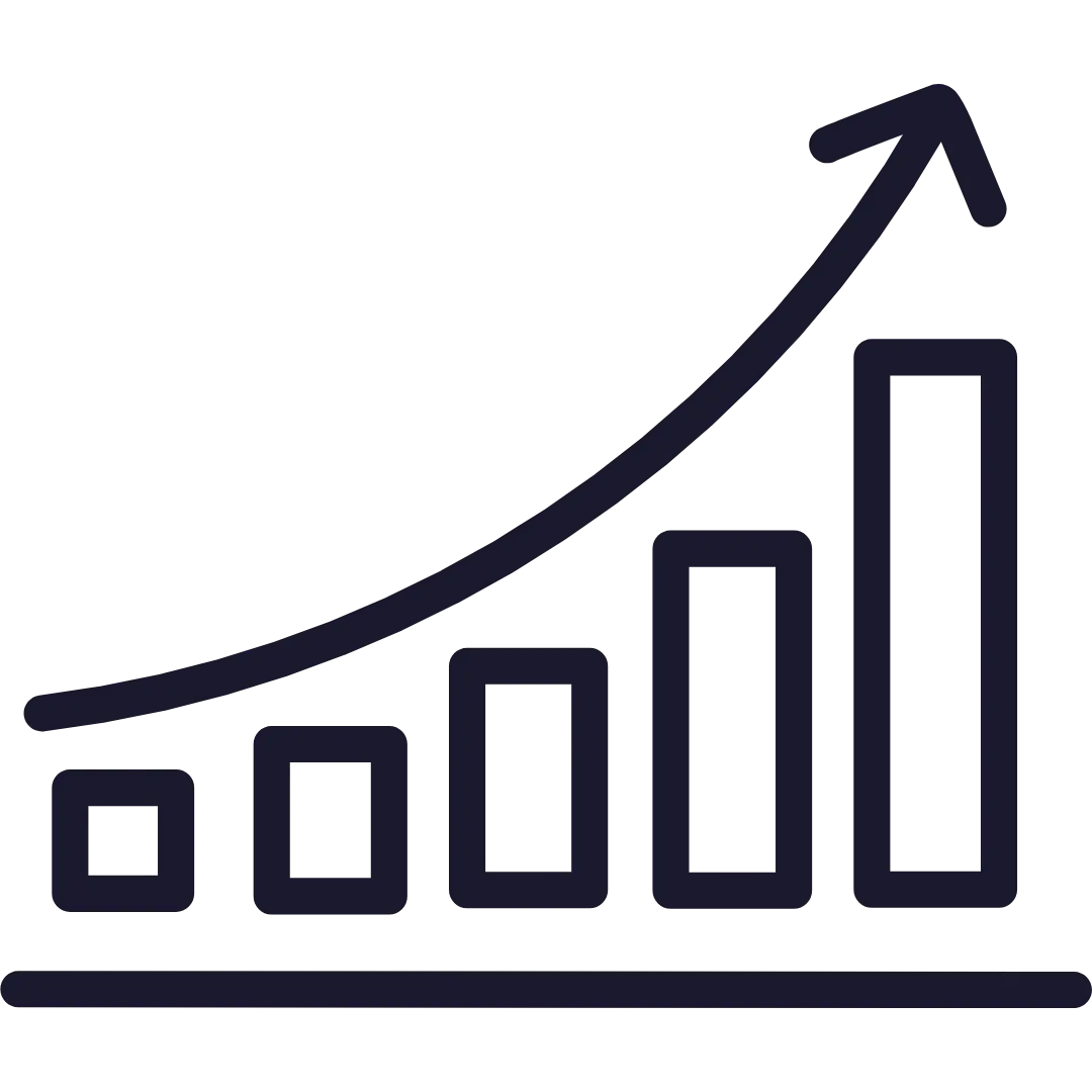 No Scalable Marketing System. A bar chart with four ascending bars from left to right and a curved arrow above them pointing upward, highlighting growth—ideal for showcasing the impact of a skilled Google Ads Freelancer like Noah Mohamed or promoting your white label service.