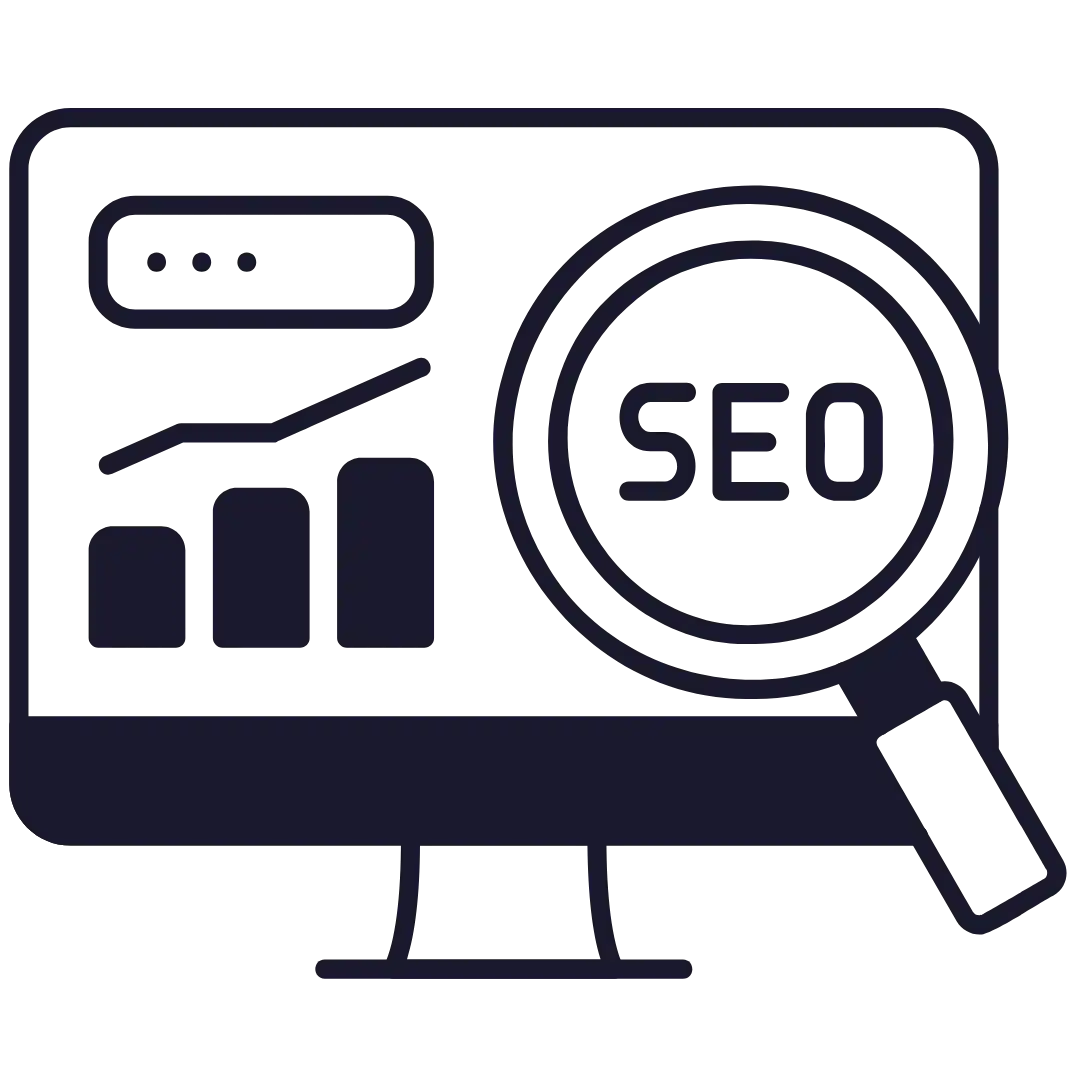 Organic Traffic That Does Not Convert. A computer monitor displaying a graph and a magnifying glass with the word SEO inside, representing search engine optimization and data analysis for a digital marketing freelancer.