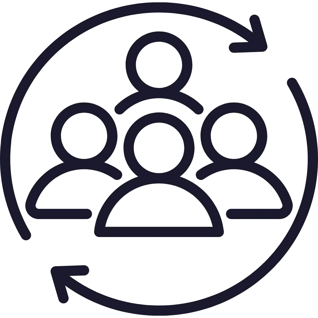 Icon of four outlined human figures enclosed in a circular arrow, symbolizing community, teamwork, or group collaboration—ideal for representing a digital marketing freelancer or Google Ads Freelancer focused on collaborative success.