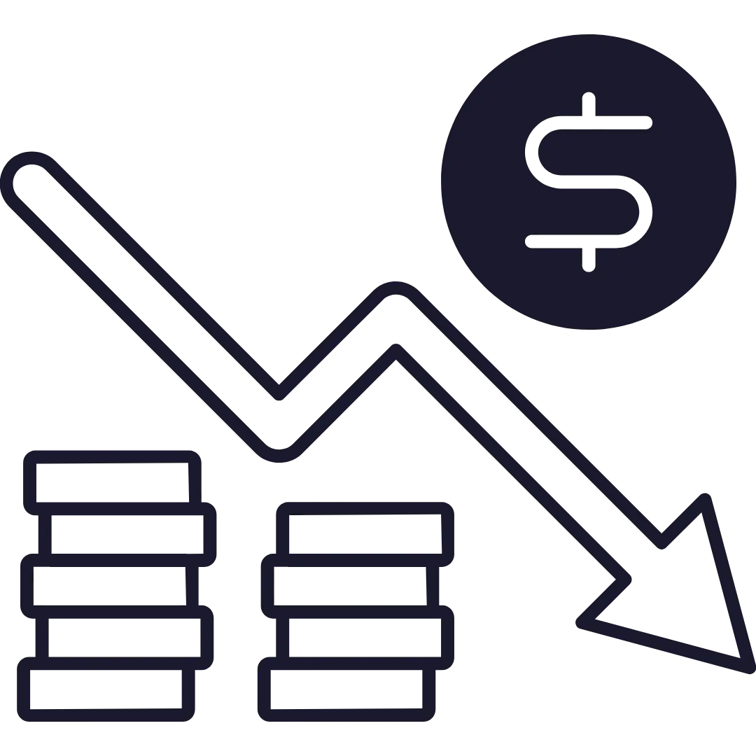 ROAS Is Declining and Nobody Knows Why. A downward arrow crosses stacks of coins, with a dollar sign above—illustrating financial loss for a digital marketing freelancer or Google Ads Freelancer like Noah Mohamed.