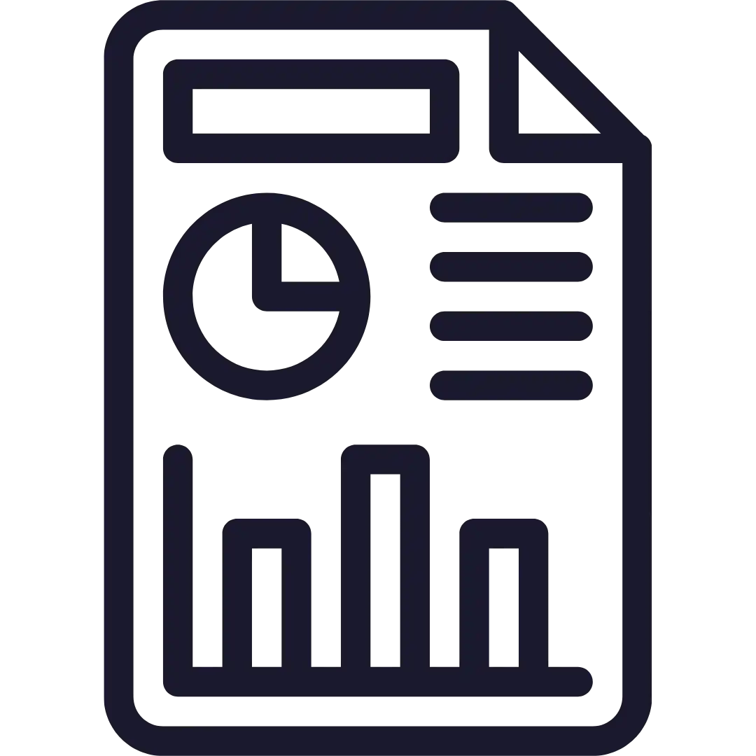 Black outline icon of a document featuring a pie chart, three text lines, and a bar graph, suggesting data analysis or a report—ideal for a Freelance Marketing Consultant like noah mohamed or Google Ads Freelancer.