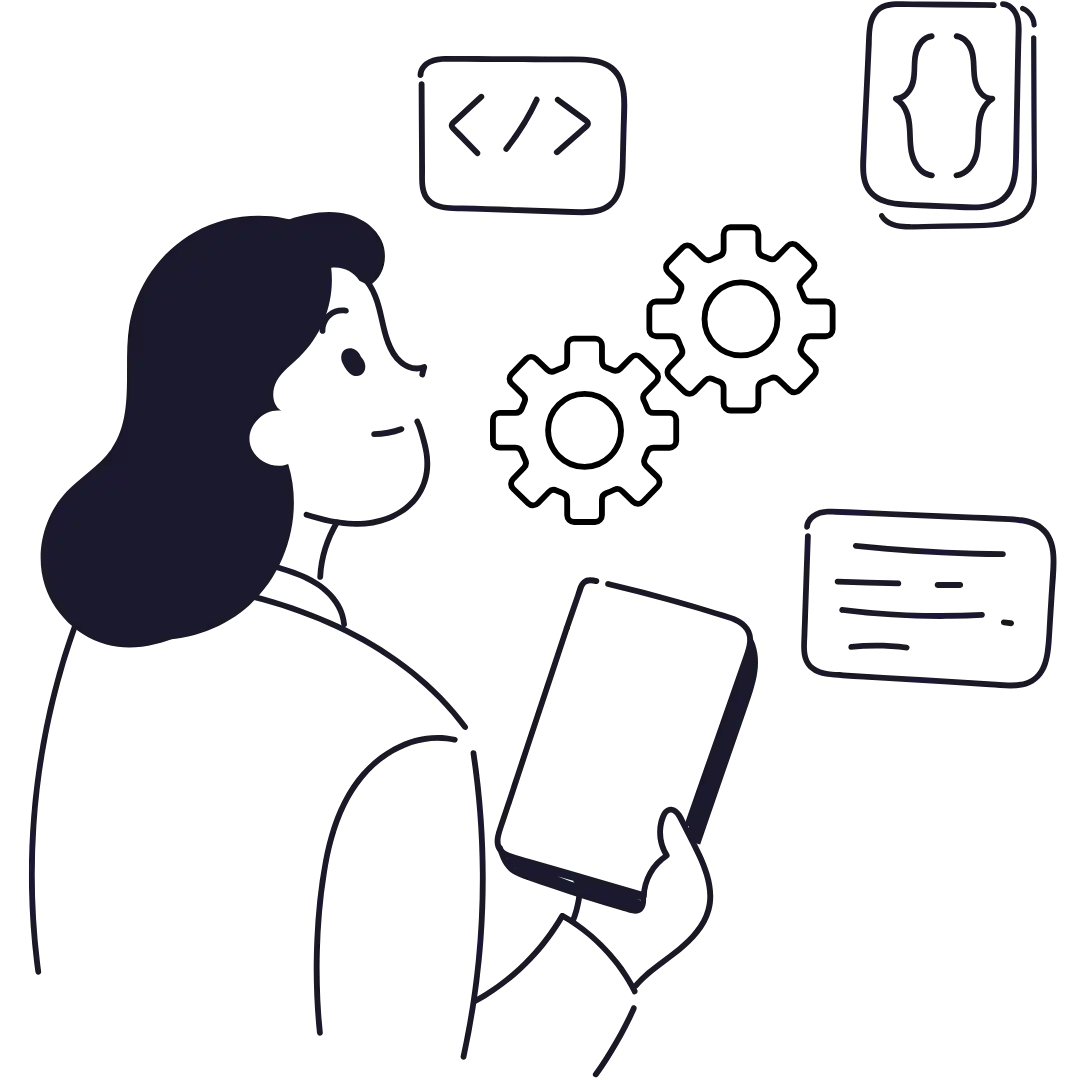 A person holding a tablet looks at floating screens displaying code symbols, like HTML tags and curly braces, suggesting programming or software development by a digital marketing consultant.