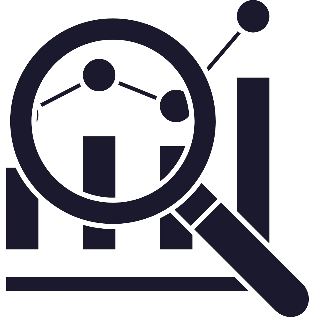 A magnifying glass is positioned over a bar chart with a line graph above the bars, symbolizing the analytical approach of a digital marketing consultant or Google Ads Freelancer.