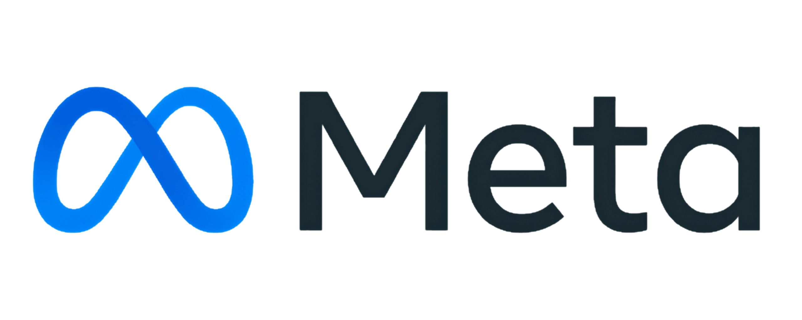 The image shows the Meta logo, featuring a blue infinity symbol on the left and the word “Meta” in bold black letters to the right.