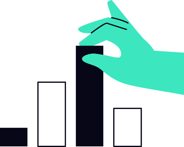 A teal hand places a large black rectangle among three smaller outlined rectangles of varying sizes, suggesting selection or organization.