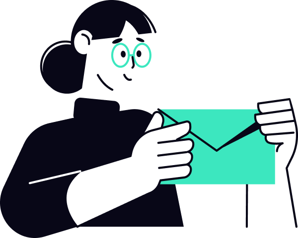 Illustration of a person with glasses and dark hair holding a large green envelope, smiling and looking at the envelope.