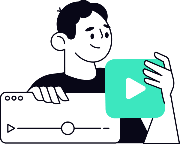 A cartoon person holds a large play button in one hand and a web video player window in the other, symbolizing online video content or media playback.