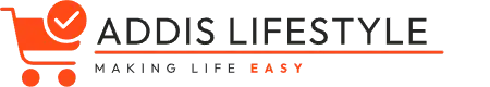 Logo for Addis Lifestyle with an orange shopping cart graphic and the slogan Making Life Easy below, with Easy highlighted in orange.
