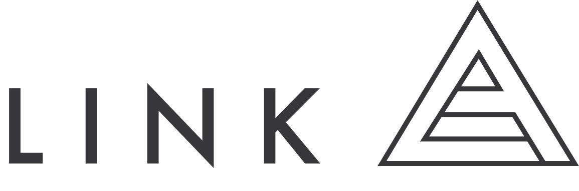 The image shows the word LINK in bold letters next to a geometric triangle with three horizontal lines inside, forming a stylized letter A.