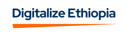 The image shows the words “Digitalize Ethiopia” in bold blue text above an orange diagonal line on a light gray background.