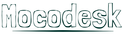 The word Mocodesk is written in large, playful, outlined letters with a hand-drawn style, and a horizontal line is underneath the text.