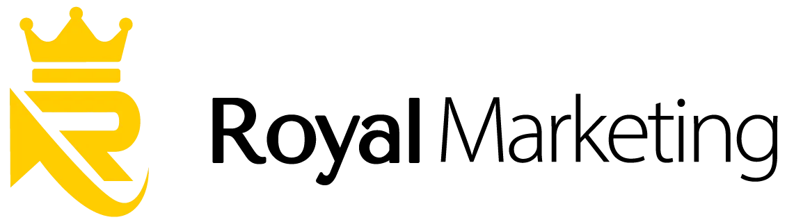 Yellow stylized R with a crown on top, next to the words Royal Marketing in black text on a light background.