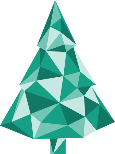 Geometric illustration of a pine tree made up of various green and teal triangular shapes, giving it a faceted, polygonal appearance.