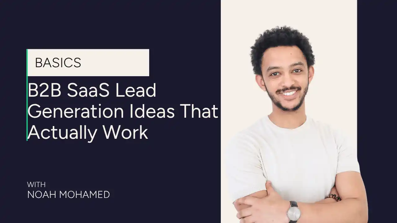 B2B SaaS Lead Generation Ideas That Actually Work A smiling man in a white shirt stands next to text that reads: B2B SaaS Lead Generation Ideas That Actually Work, with Noah Mohamed..